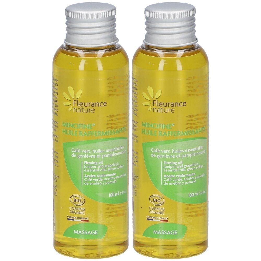 Deux flacons de FLEURANCE Mincifine Huile Raffermissante. Liquide jaune, bouchon argenté. Inscription : BIO, Massage.