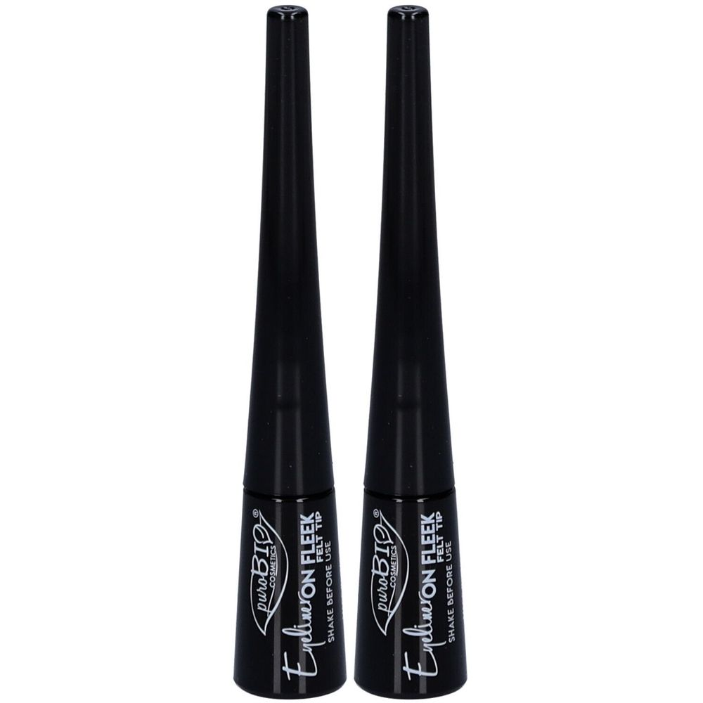 Deux eyeliners noirs. Inscription : puroBIO Cosmetics, Eyeliner On Fleek, Felt Tip. Agiter avant utilisation.