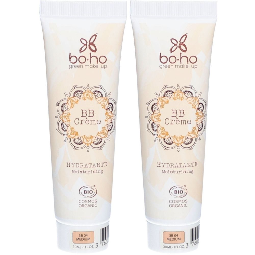 Deux tubes de BB Crème. Inscription : bo.ho green make-up, BB Crème, HYDRATANTE, BIO COSMOS ORGANIC. Teinte : 04 Medium.
