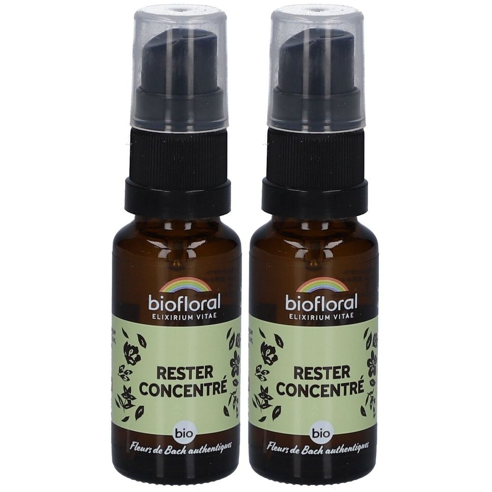 Deux flacons en verre brun avec vaporisateur noir. L'étiquette indique "RESTER CONCENTRÉ" et "biofloral".
