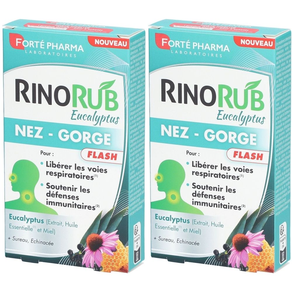 Deux boîtes identiques. Inscription: RINORUB Eucalyptus NEZ-GORGE. Contient de l'eucalyptus, de l'huile essentielle et du miel. Avec illustrations.