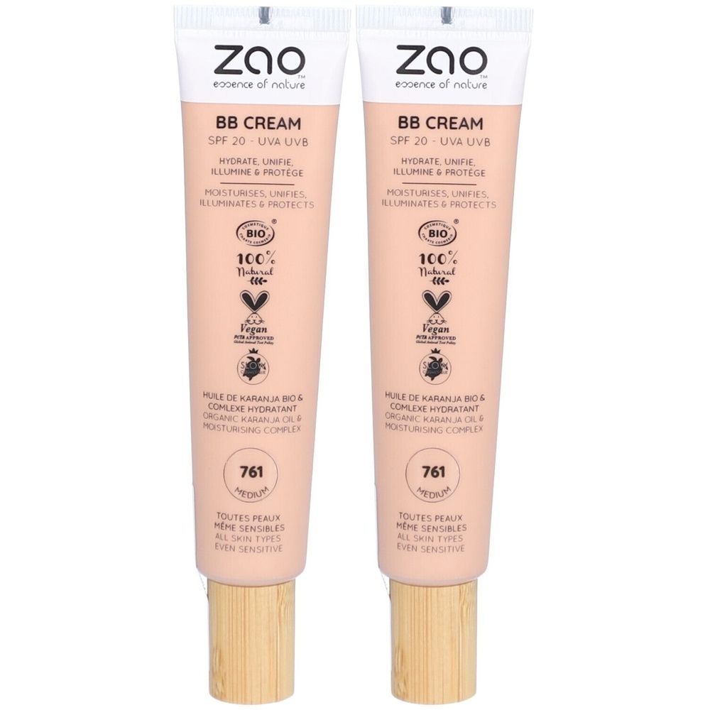 Deux tubes de BB Crème. Inscription: Zao, BB Cream, SPF 20, Bio, Vegan. Teinte: Medium. Tous types de peaux.