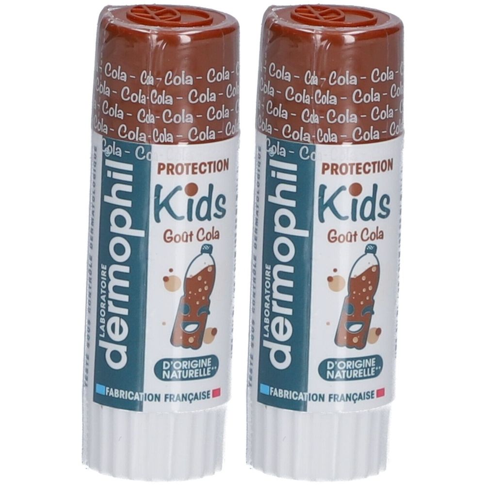 Deux sticks à lèvres avec bouchon marron. Inscription: Kids, Gout Cola, Dermophil. Fabrication française.