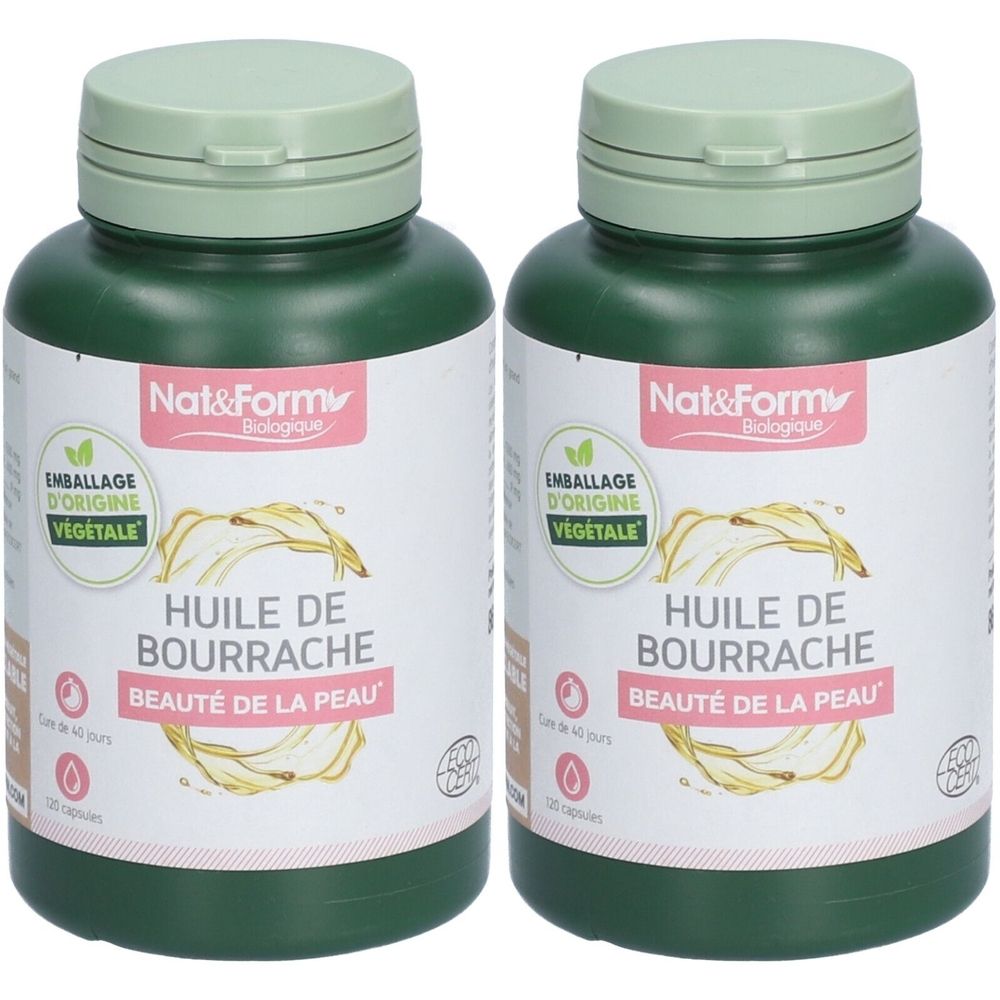 Deux flacons verts avec bouchons verts. Étiquettes avec "HUILE DE BOURRACHE BEAUTÉ DE LA PEAU" et "Nat&Form".