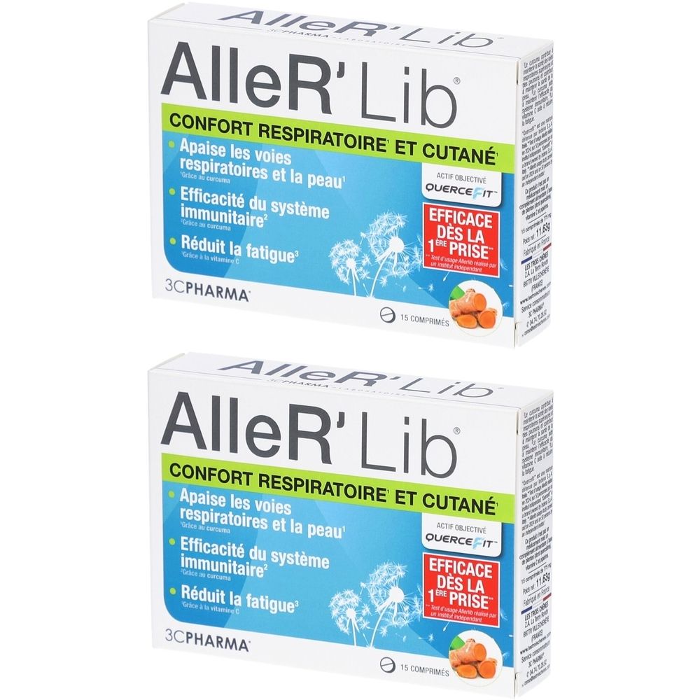 Deux boîtes AlleR'Lib. Inscription : Confort Respiratoire et Cutané. Contient 15 comprimés. Marque 3C Pharma.
