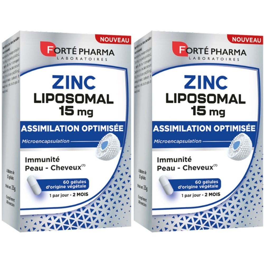 Deux boîtes de FORTÉ PHARMA Zinc Liposomal 15 mg. Inscription: Assimilation Optimisée, Immunité Peau-Cheveux, 60 gélules.