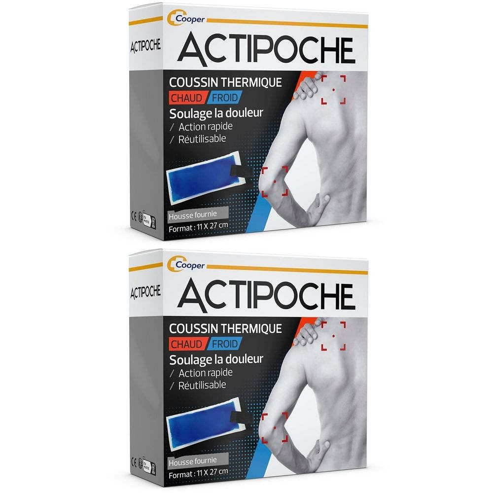 Deux boîtes Actipoche. Coussin thermique chaud/froid, 11x27 cm. Illustration d'un torse avec points rouges. Housse fournie.