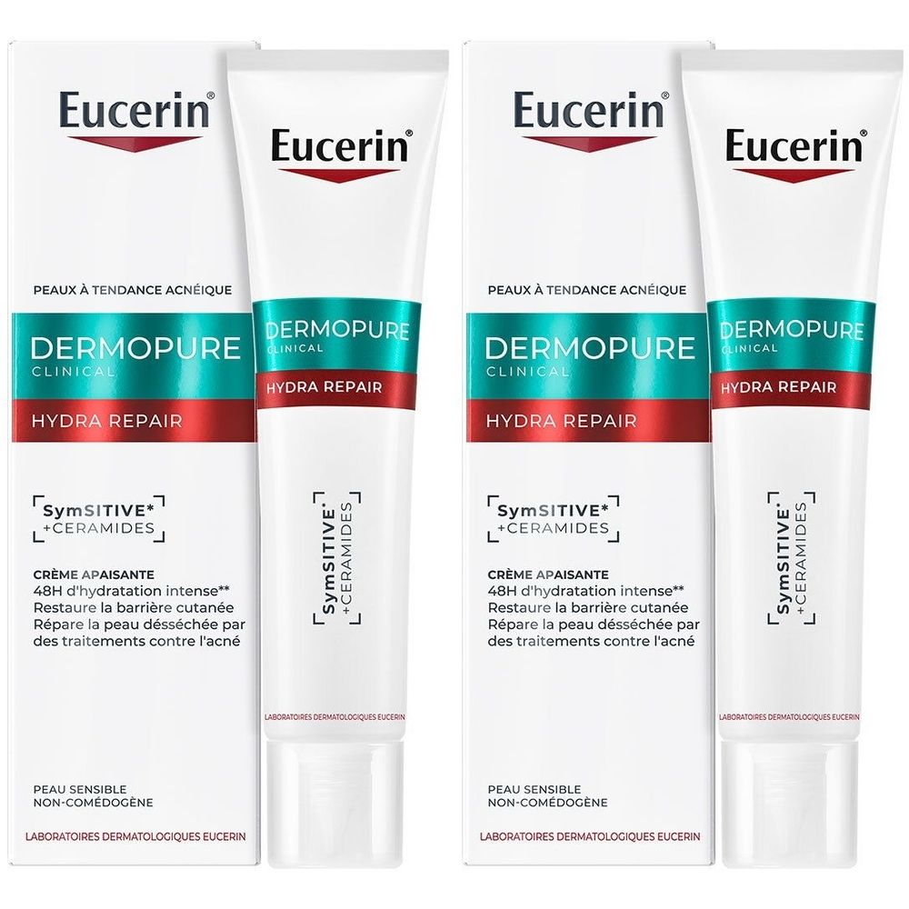 Deux tubes et emballages. Inscription: Eucerin Dermopure Clinical Hydra Repair. Tubes blancs avec accents verts et rouges.