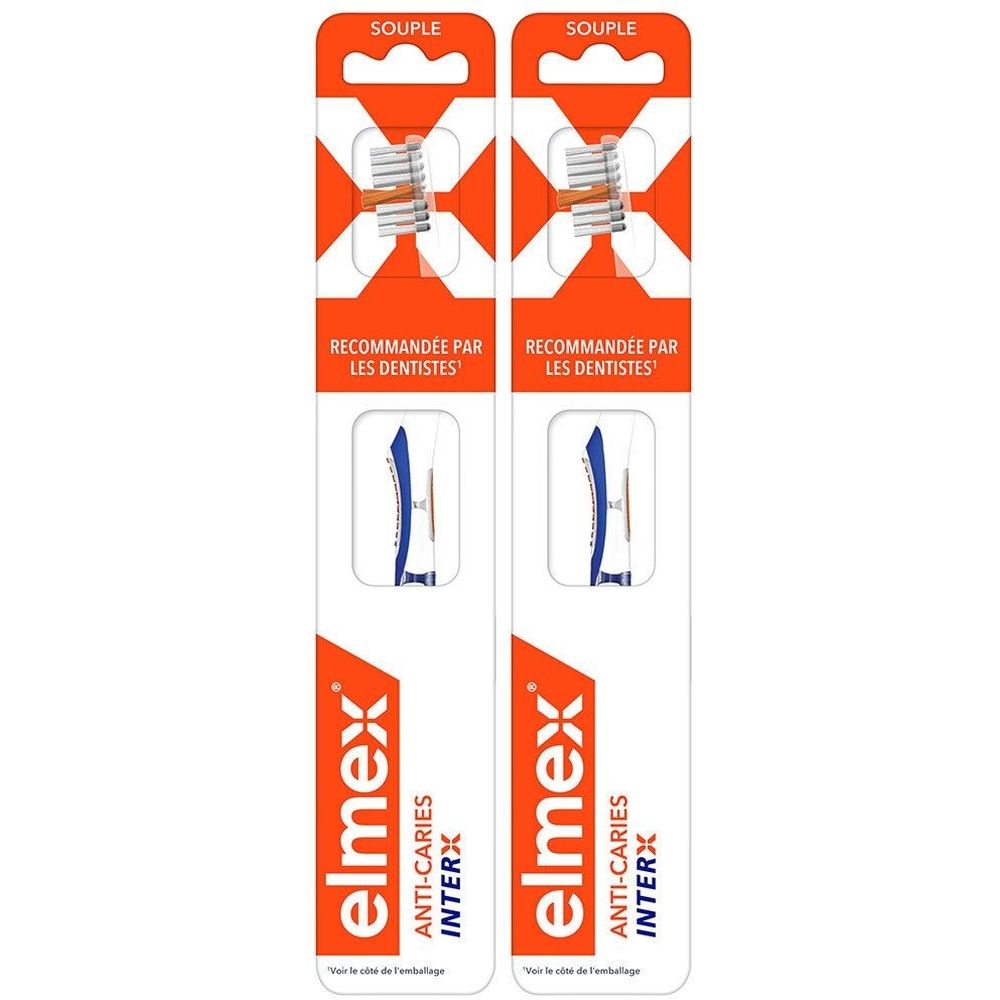 Deux brosses à dents emballées. Marque Elmex, Anti-Caries InterX. Inscription : Recommandé par les dentistes. Souple.