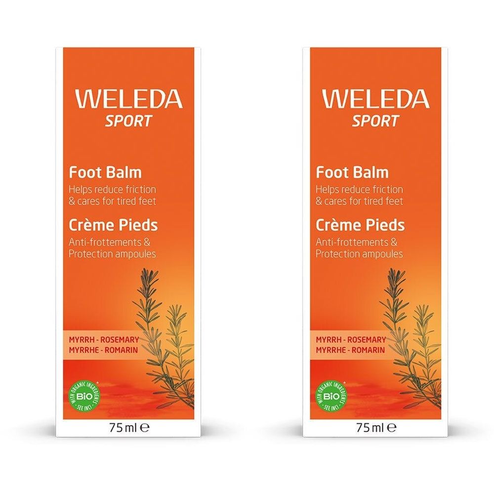 Deux tubes de Crème Pieds WELEDA Sport. Emballage orange avec nom du produit, ingrédients et label bio. 75ml.