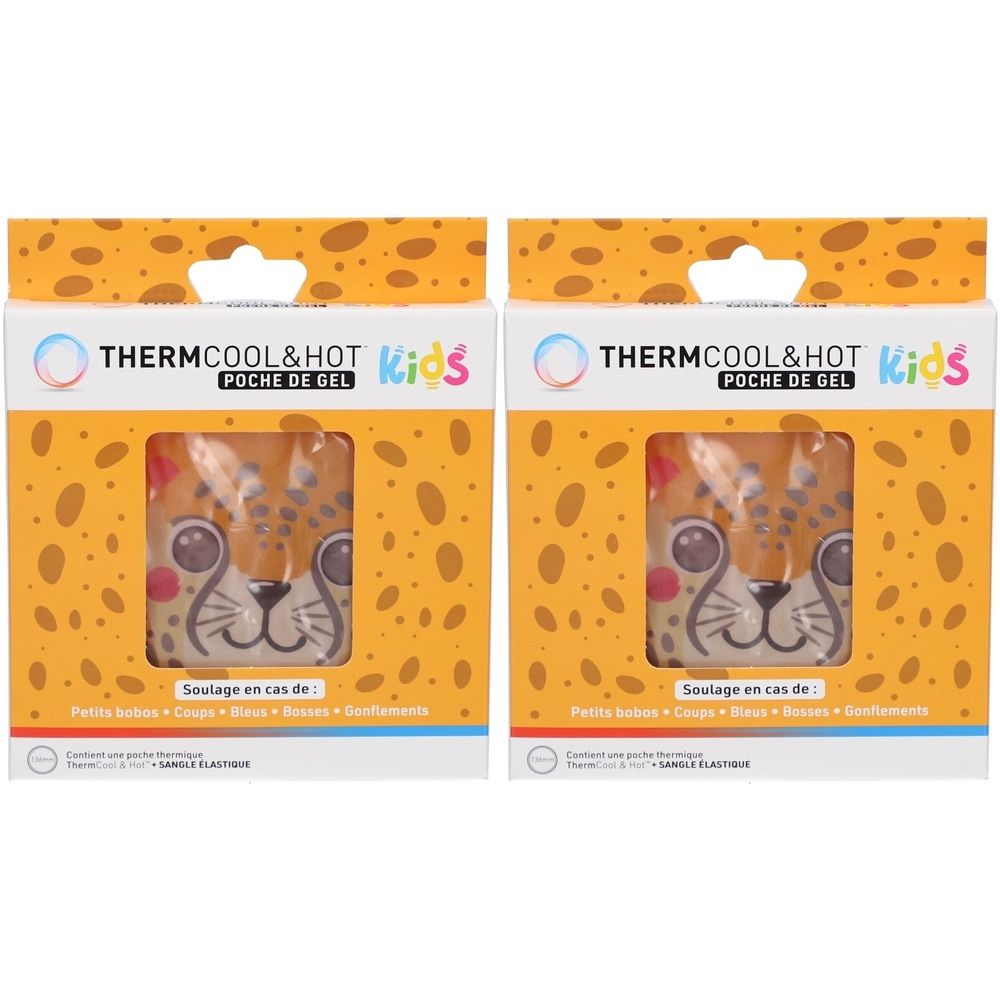 Deux boîtes de ThermCool&Hot Kids. Un visage de léopard est imprimé sur l'emballage. Texte: Poche de gel, Soulage en cas de.