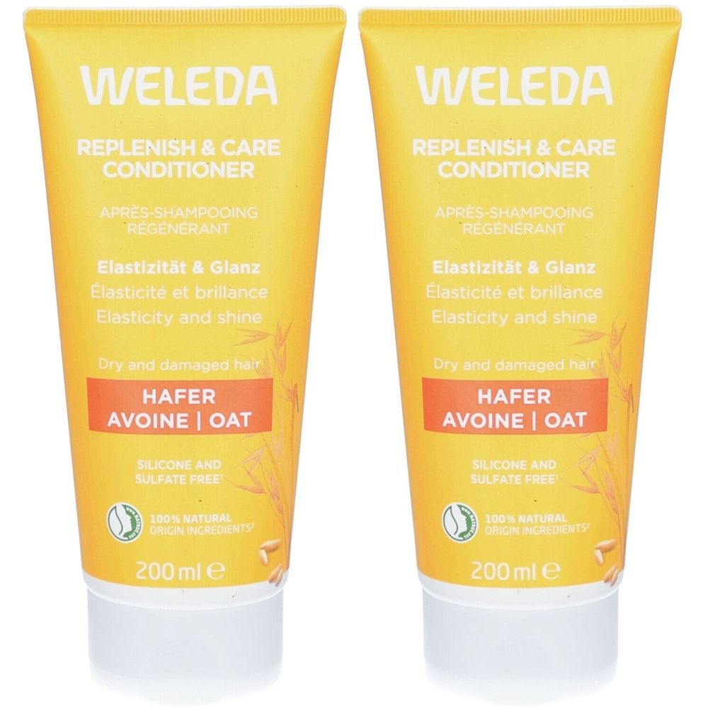Deux tubes jaunes. Inscription: WELEDA, Après-shampooing, Élasticité & brillance, Avoine. Ingrédients 100% naturels. 200 ml.