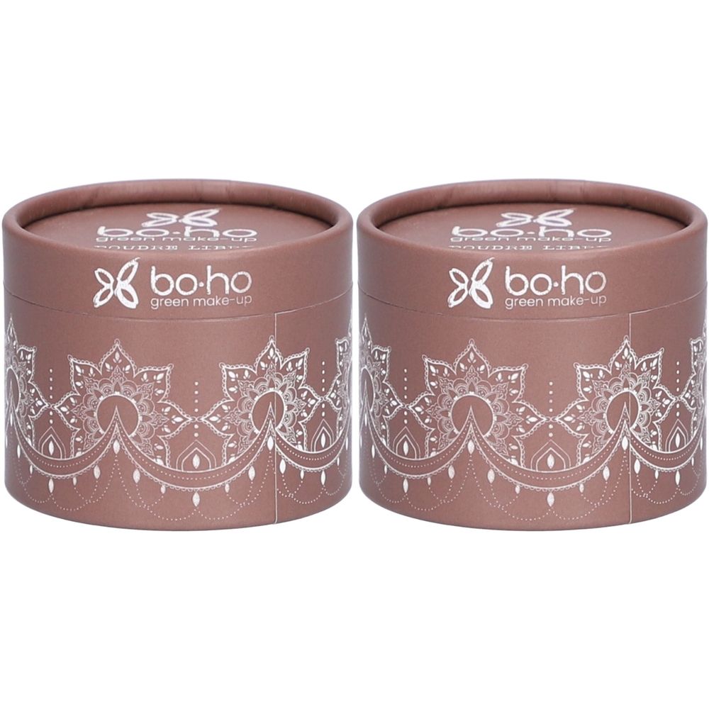 Deux contenants cylindriques roses. Inscription bo.ho green make-up. Motif dentelle blanc. Couvercles et boîtes roses.