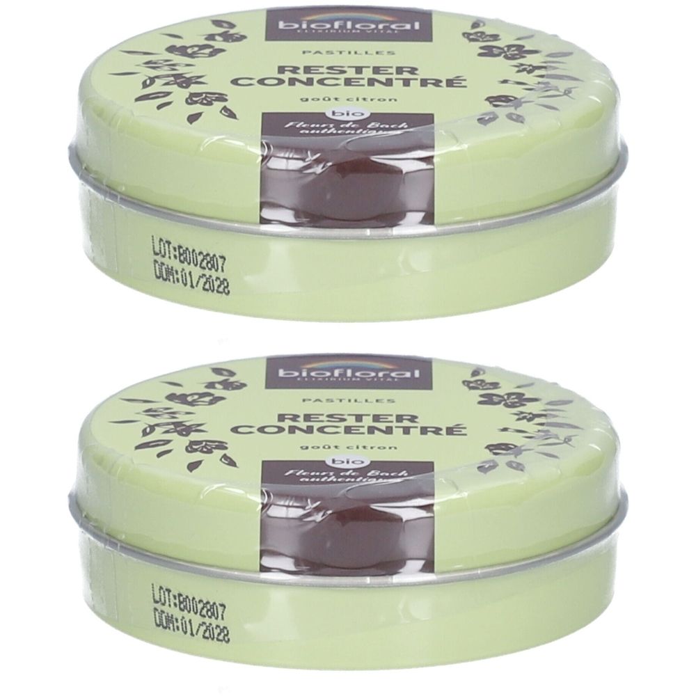Deux boîtes rondes vertes avec l'inscription BIOFLORAL, RESTRE CONCENTRÉ. Chaque boîte porte une date de péremption.