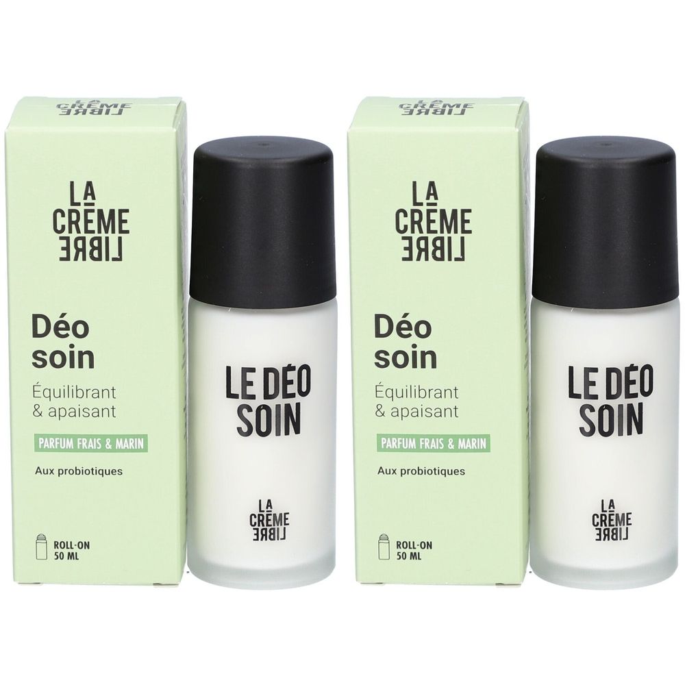 Deux déodorants roll-on et emballages. Inscription : La Crème Libre, Le Déo Soin. Emballage vert clair, flacon blanc avec bouchon noir.