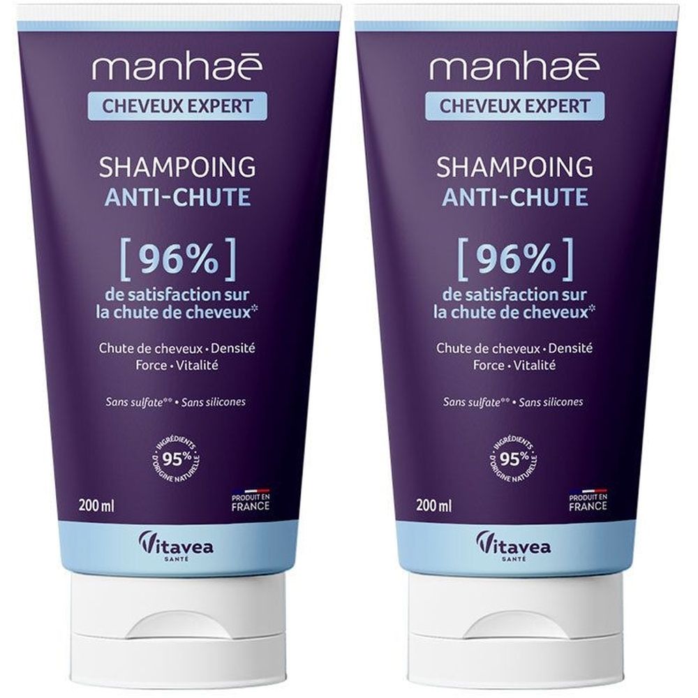 Deux flacons de shampooing violets. Inscription: Manhaé Cheveux Expert, Shampooing Anti-Chute. 96% de satisfaction.