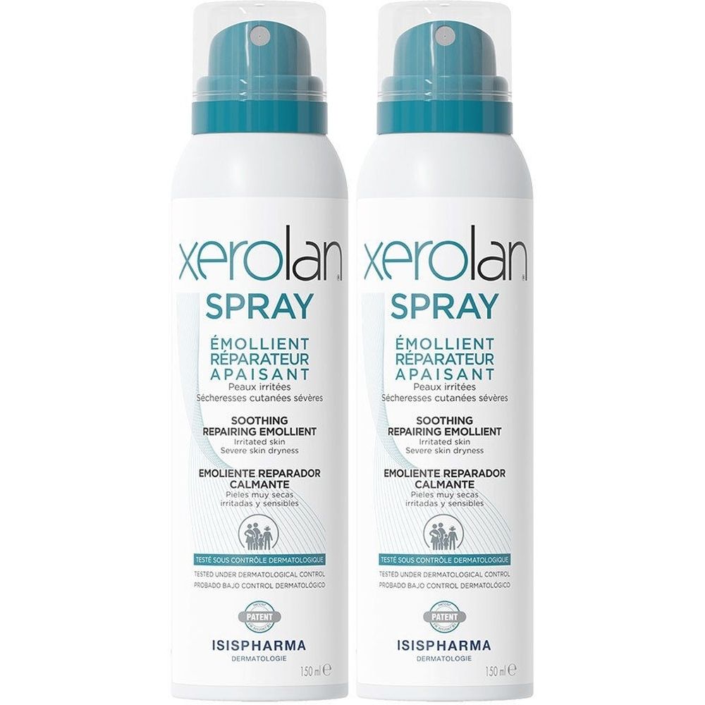 Deux flacons spray blancs avec bouchon bleu. Inscription : Xerolan Spray, ISISPHARMA. Contient du texte en plusieurs langues.