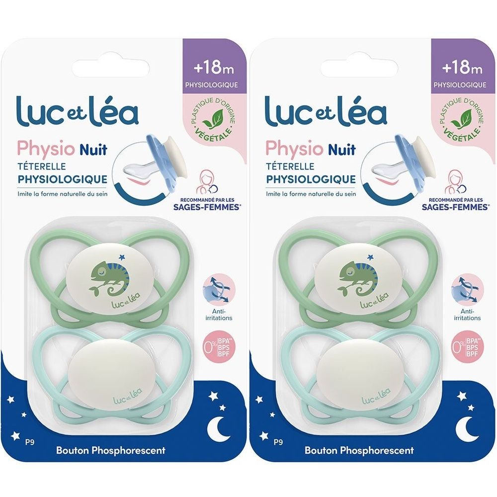 Deux sucettes Physio Nuit Luc et Léa, emballées. Couleurs vert et bleu. Motif caméléon. Inscription +18m.