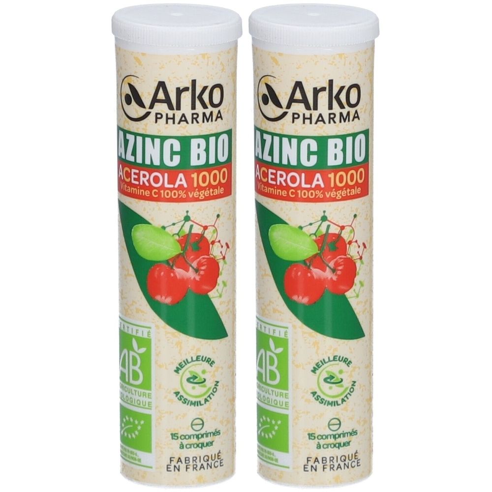Deux tubes cylindriques Arkopharma Azinc Bio Acerola 1000. Logo AB, illustration de cerises et mentions en français.
