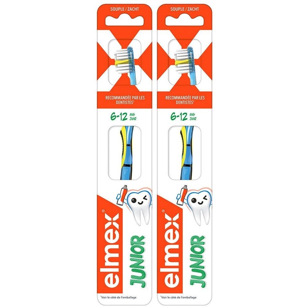 Deux brosses à dents dans un emballage. Soies bleues, jaunes et vertes. Inscription: Elmex Junior, 6-12 ans, recommandé par les dentistes.