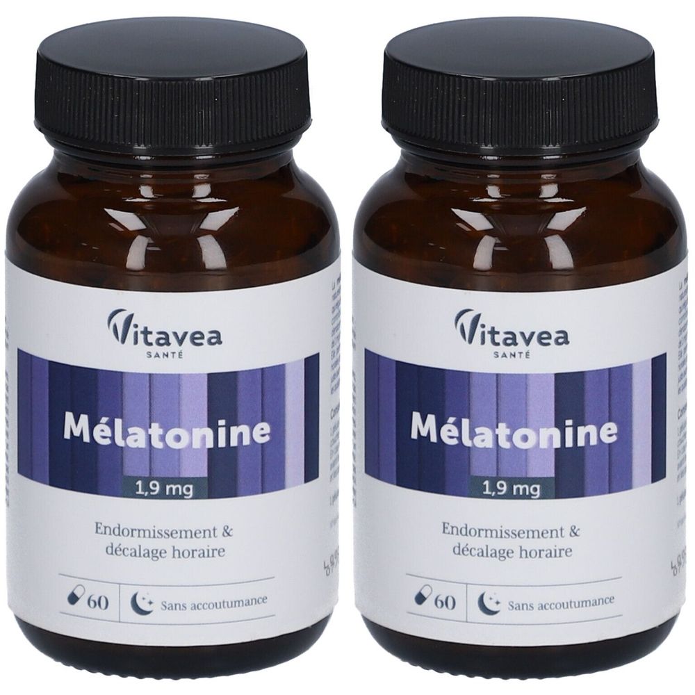 Deux flacons bruns avec bouchons noirs. Étiquettes : "Vitavea Santé Mélatonine 1,9 mg". Texte : "Endormissement & décalage horaire". 60 gélules.