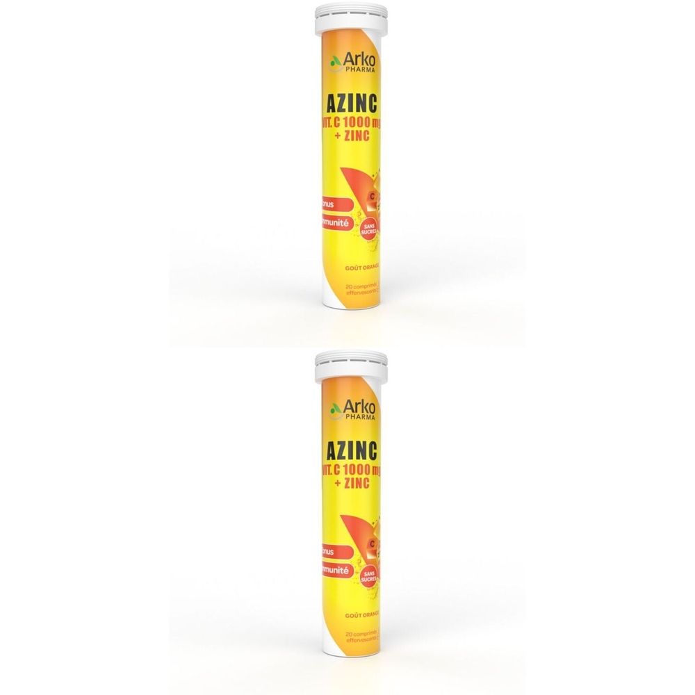 Deux tubes jaunes. Inscription: AZINC, Vitamine C 1000mg + Zinc. Marque: Arko Pharma.
