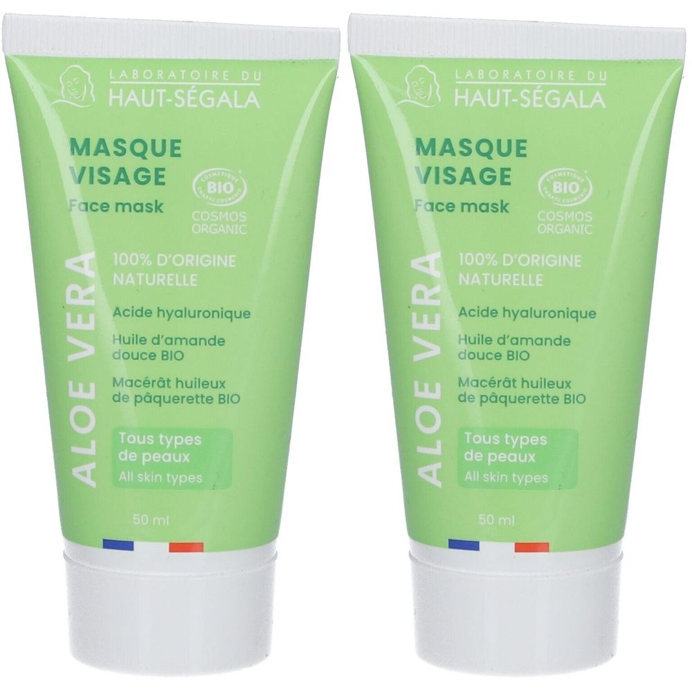 Deux tubes verts. Inscription: Masque Visage, Aloe Vera, 100% naturelle, Cosmos Organic. Tous types de peaux.