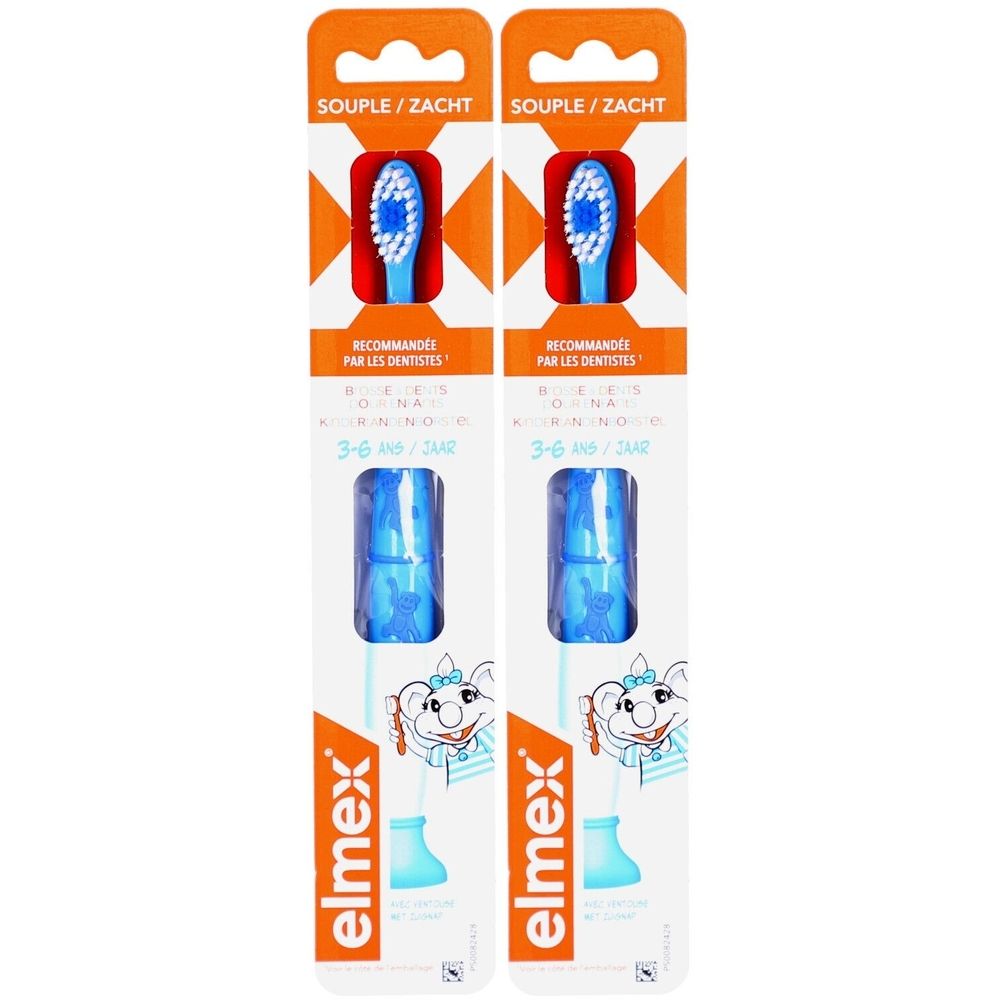 Deux brosses à dents pour enfants 3-6 ans. Emballage orange avec texte et logo. Soies bleues.