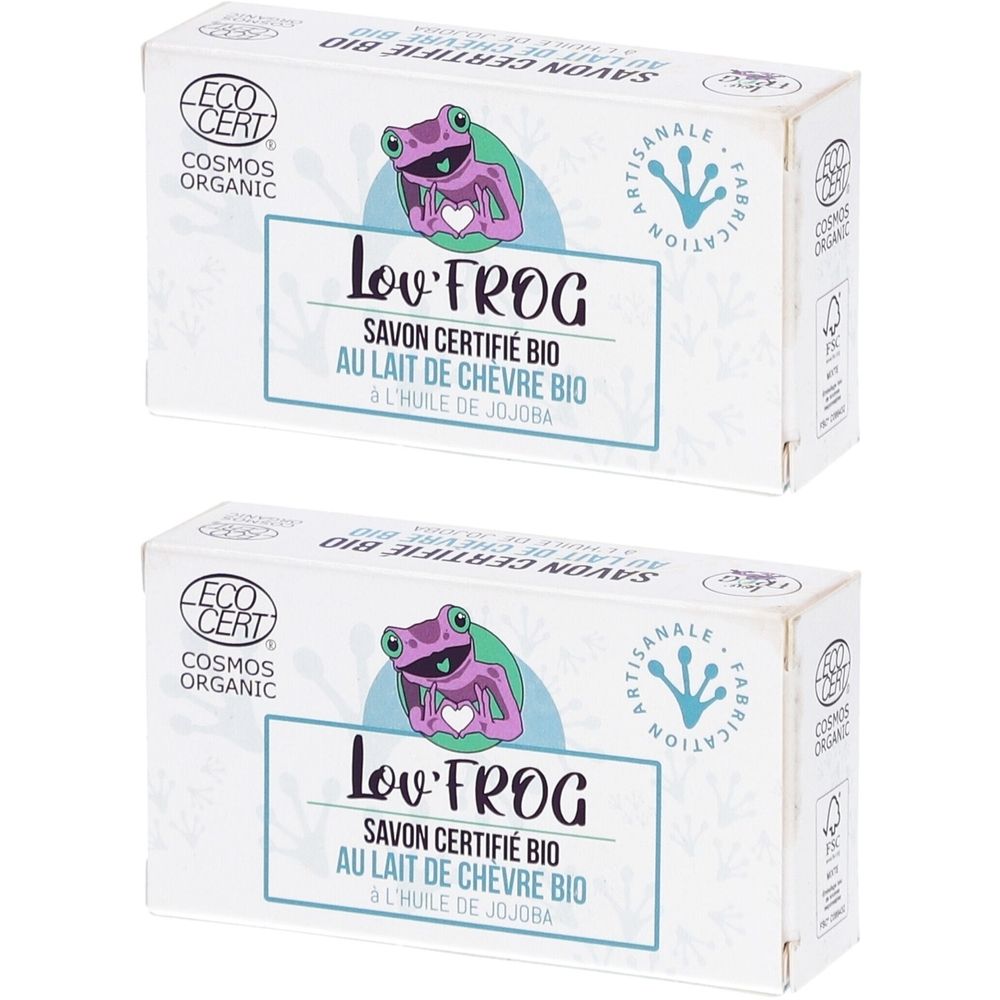 Deux boîtes de savon Lov'Frog Savon Certifié Bio au Lait de Chèvre Bio. Label ECOCERT et illustration de grenouille.