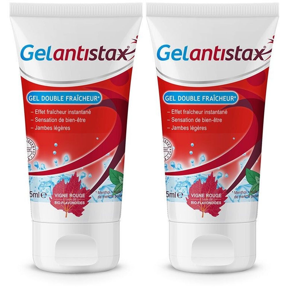 Deux tubes de Gelantistax. Tubes blancs avec design rouge et bleu. Inscriptions : Gelantistax, GEL DOUBLE FRAÎCHEUR, VIGNE ROUGE BIO-FLAVONOIDES.
