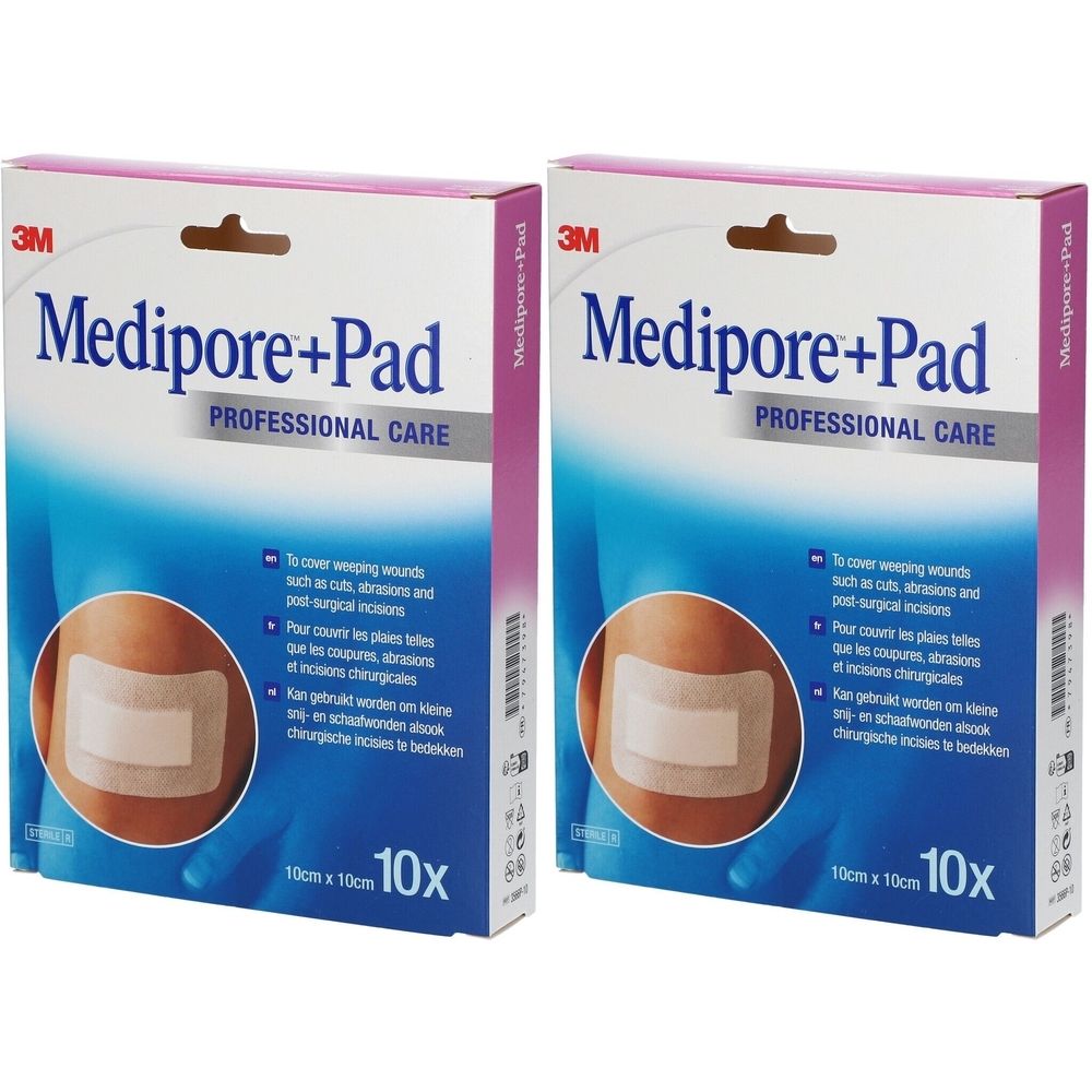 Deux boîtes de Medipore+Pad. Inscription : 3M, Medipore+Pad, PROFESSIONAL CARE. 10 pansements, 10cm x 10cm. Emballage rose et bleu.
