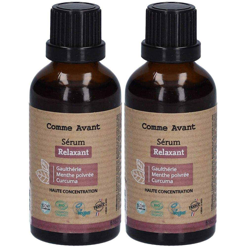Deux flacons en verre brun avec bouchon noir. Étiquettes : "Comme Avant Sérum Relaxant", ingrédients et certifications.