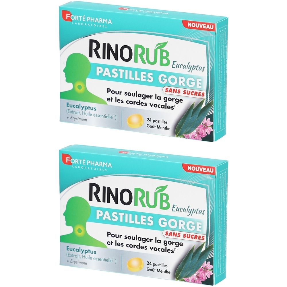 Deux boîtes de pastilles RinoRub Eucalyptus Gorge sans sucres. Contient 24 pastilles. Marque Forte Pharma. Mention « Nouveau ».
