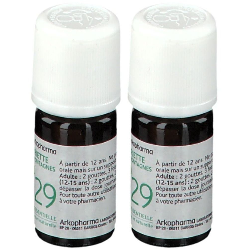 Deux flacons en verre brun avec bouchons blancs. Étiquettes avec texte. Inscription: Arkopharma, Sarriette des montagnes, N°29.