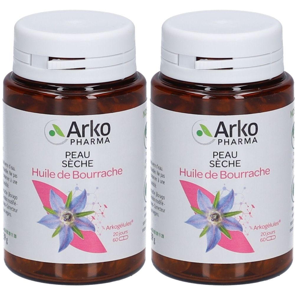 Deux flacons Arkopharma Arkogélules Huile de Bourrache. Flacons bruns, bouchons blancs, étiquettes avec texte: PEAU SÈCHE, Huile de Bourrache.