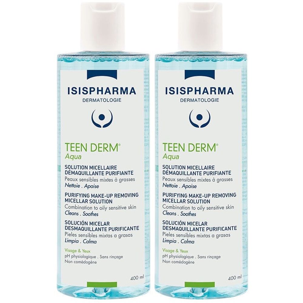 Deux flacons de Teen Derm Aqua. Inscription: ISISPHARMA, Teen Derm Aqua, solution micellaire purifiante pour peaux mixtes. 400 ml.