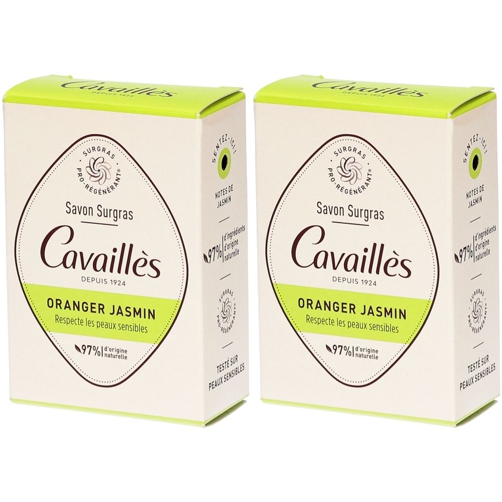 Deux boîtes carrées. Inscription: Cavaillès Savon Surgras, Oranger Jasmin. Emballage vert et blanc. Texte: Respecte les peaux sensibles.