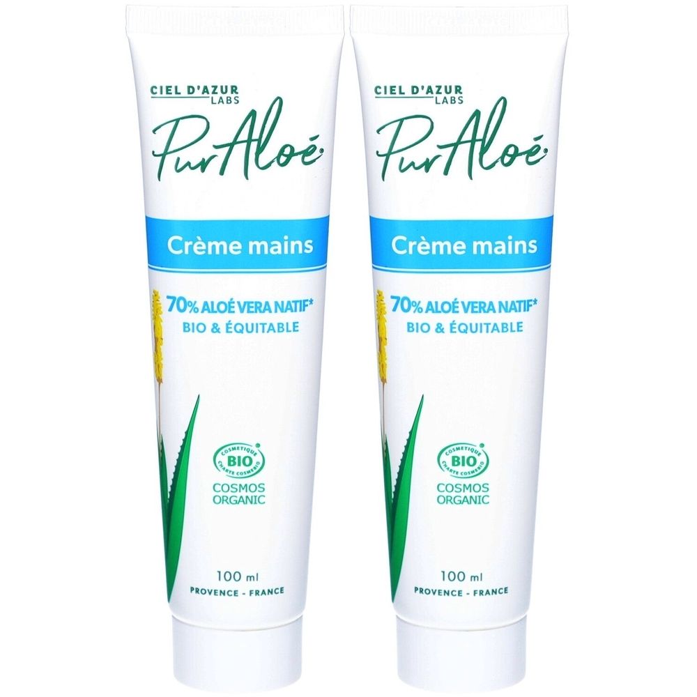 Deux tubes de crème pour les mains. Inscription : PurAloé, Crème mains, 70% Aloe Vera, Bio. Avec label Cosmos Organic.