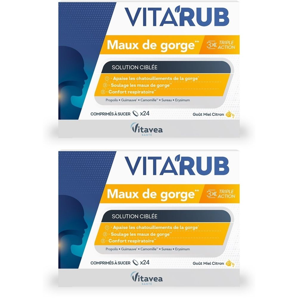 Deux boîtes de VITARUB Maux de gorge. Emballage blanc avec silhouette bleue et encart jaune. Contient 24 comprimés à sucer.