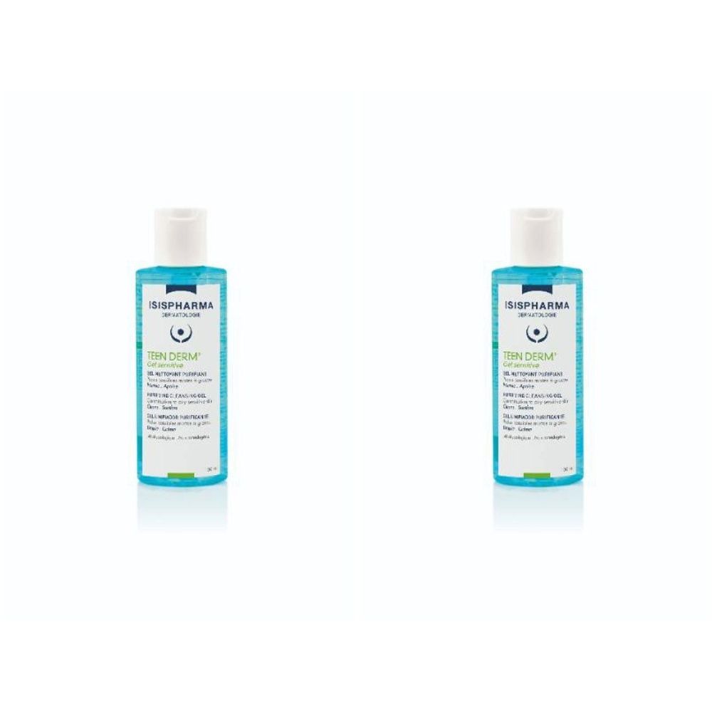 Deux flacons avec bouchon blanc et liquide bleu-vert. Inscription: ISISPHARMA, Teen Derm Gel Sensitive.