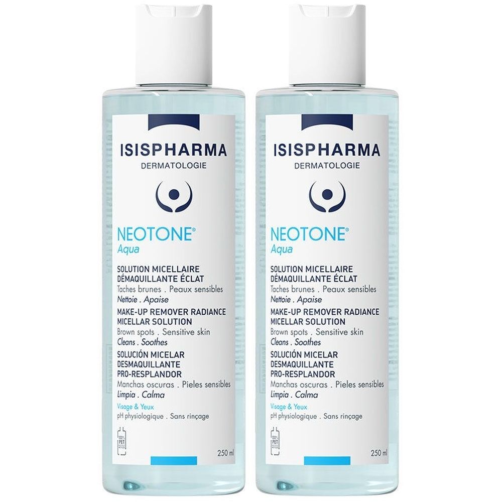 Deux flacons de ISISPHARMA Neotone Aqua. Liquide clair dans des flacons transparents avec bouchon blanc. Désignations de produit multilingues.