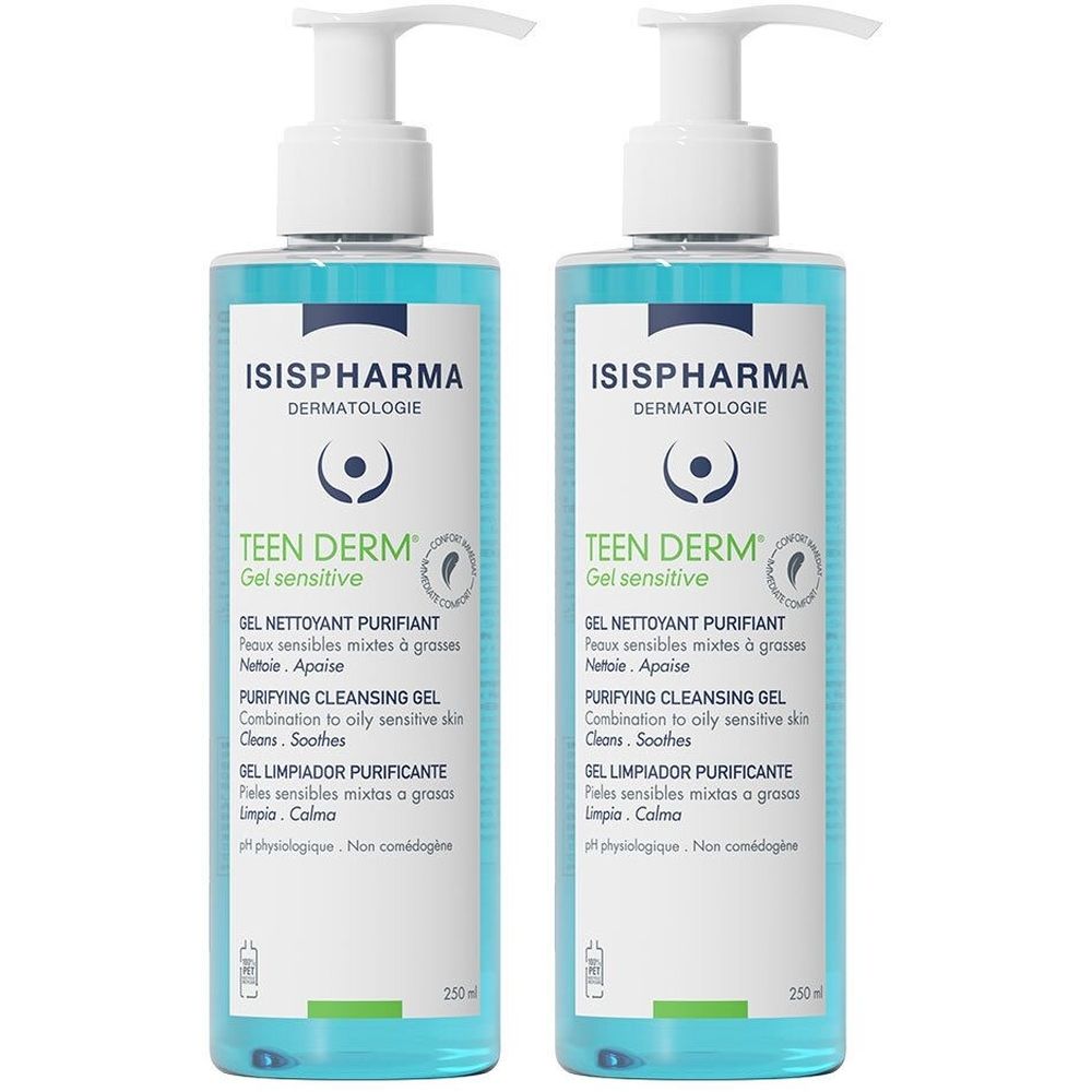 Deux flacons de Teen Derm Gel Sensitive. Liquide bleu dans des flacons transparents avec pompe blanche. Texte : ISISPHARMA, Teen Derm, Gel nettoyant purifiant.
