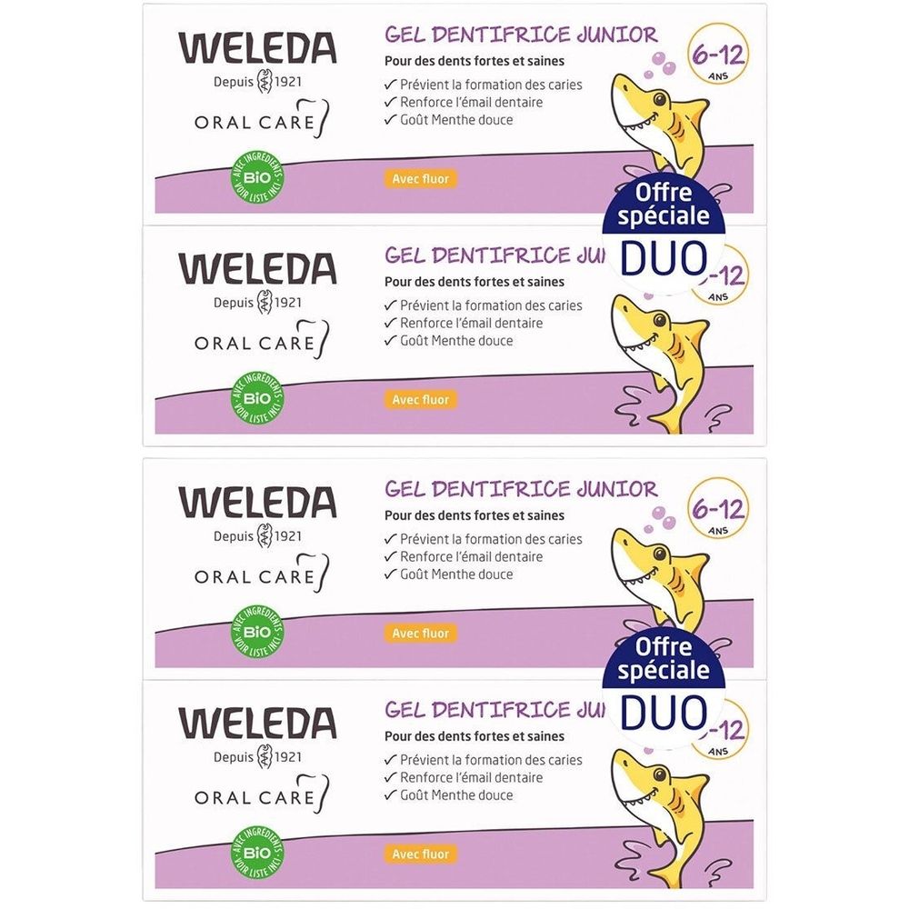 Plusieurs emballages de dentifrice WELEDA Gel Dentifrice Junior 6-12 ans. Logo bio et illustration de requin.