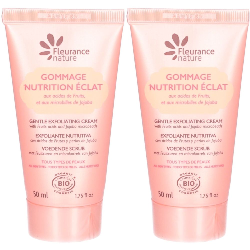 Deux tubes roses avec texte. Inscription: Gommage Nutrition Éclat, Gentle Exfoliating Cream. Certification Bio. Volume: 50 ml.
