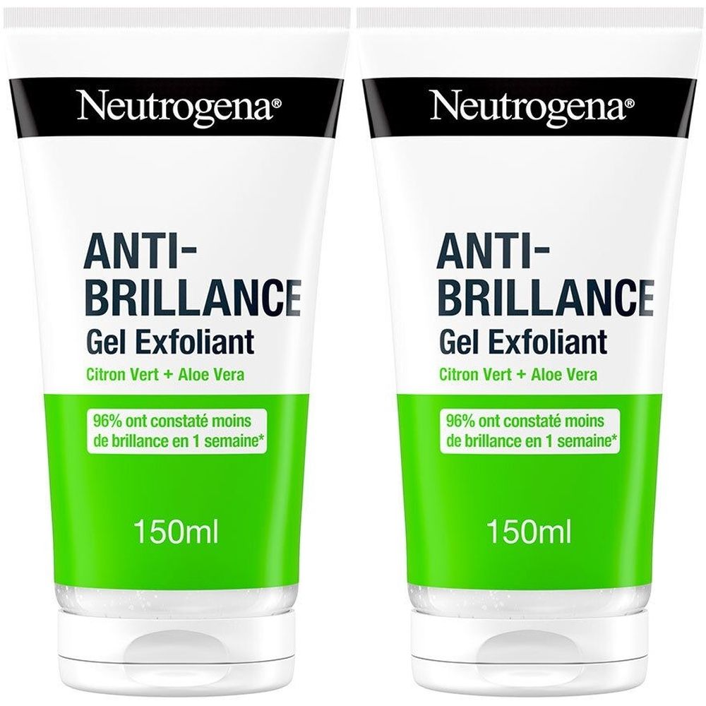 Deux tubes de gel exfoliant. Blanc, vert et noir. Inscription : Neutrogena, Anti-Brillance, Gel Exfoliant, Citron Vert + Aloe Vera, 150ml.