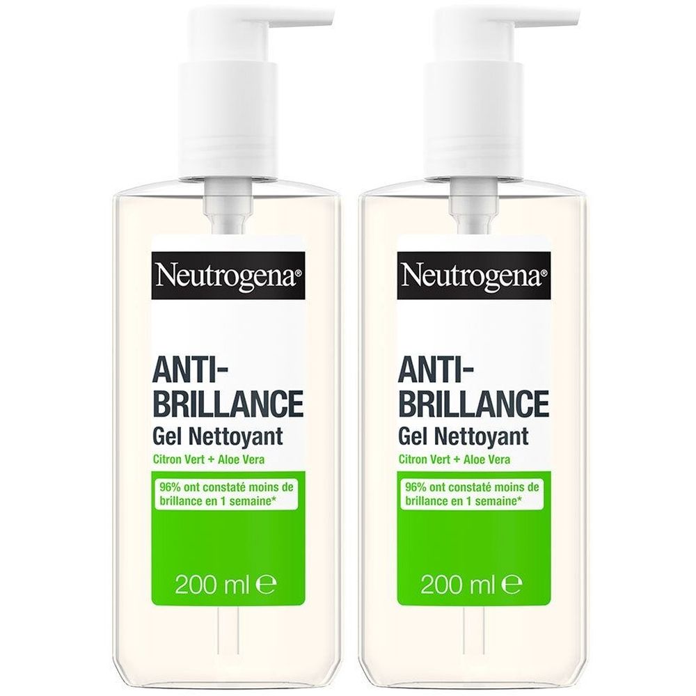 Deux flacons de Neutrogena Anti-Brillance Gel Nettoyant. Flacons pompes blancs avec étiquette noire et accents verts. Texte: Citron Vert + Aloe Vera.