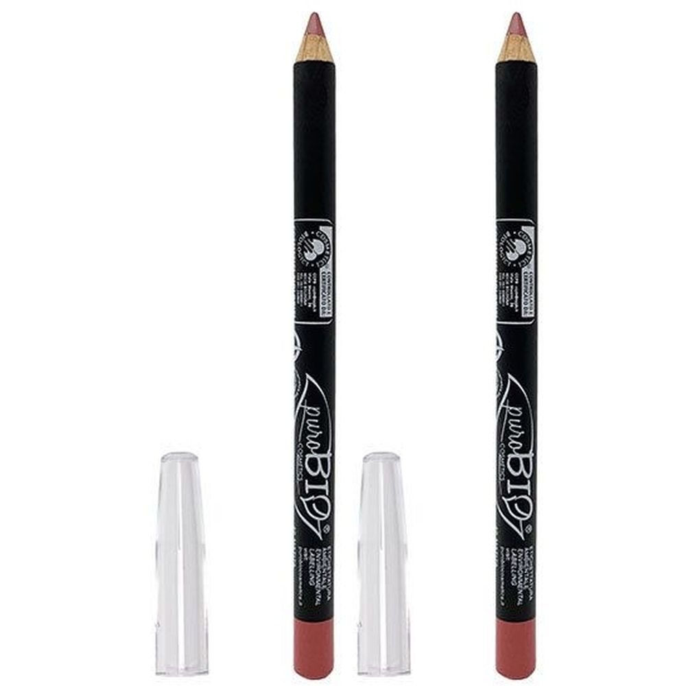 Deux crayons à lèvres noirs avec pointes roses et capuchons transparents. Inscription : puroBIO.