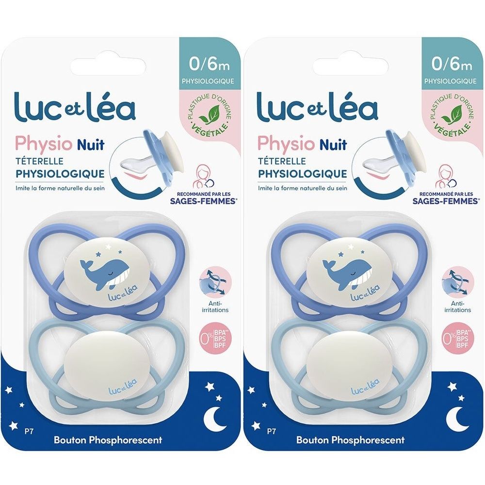 Deux tétines emballées. Couleurs bleu et blanc. Motif baleine. Marque : Luc et Léa. Recommandé pour 0/6m. Physiologique.