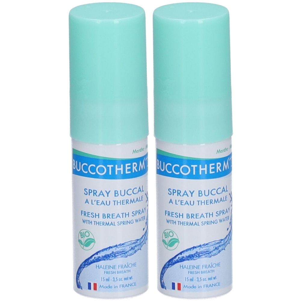 Deux sprays avec bouchons bleu clair. Inscription: BUCCOTHERM, Spray buccal, Haline Fraiche, certification Bio, Made in France.