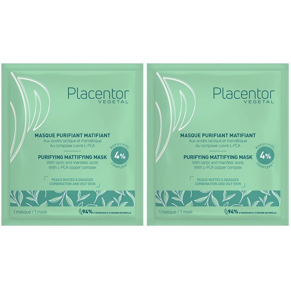 Deux sachets verts "Placentor Vegetal". Texte : "Masque Purifiant Matifiant", "Purifying Mattifying Mask". Contient 4% complexe.